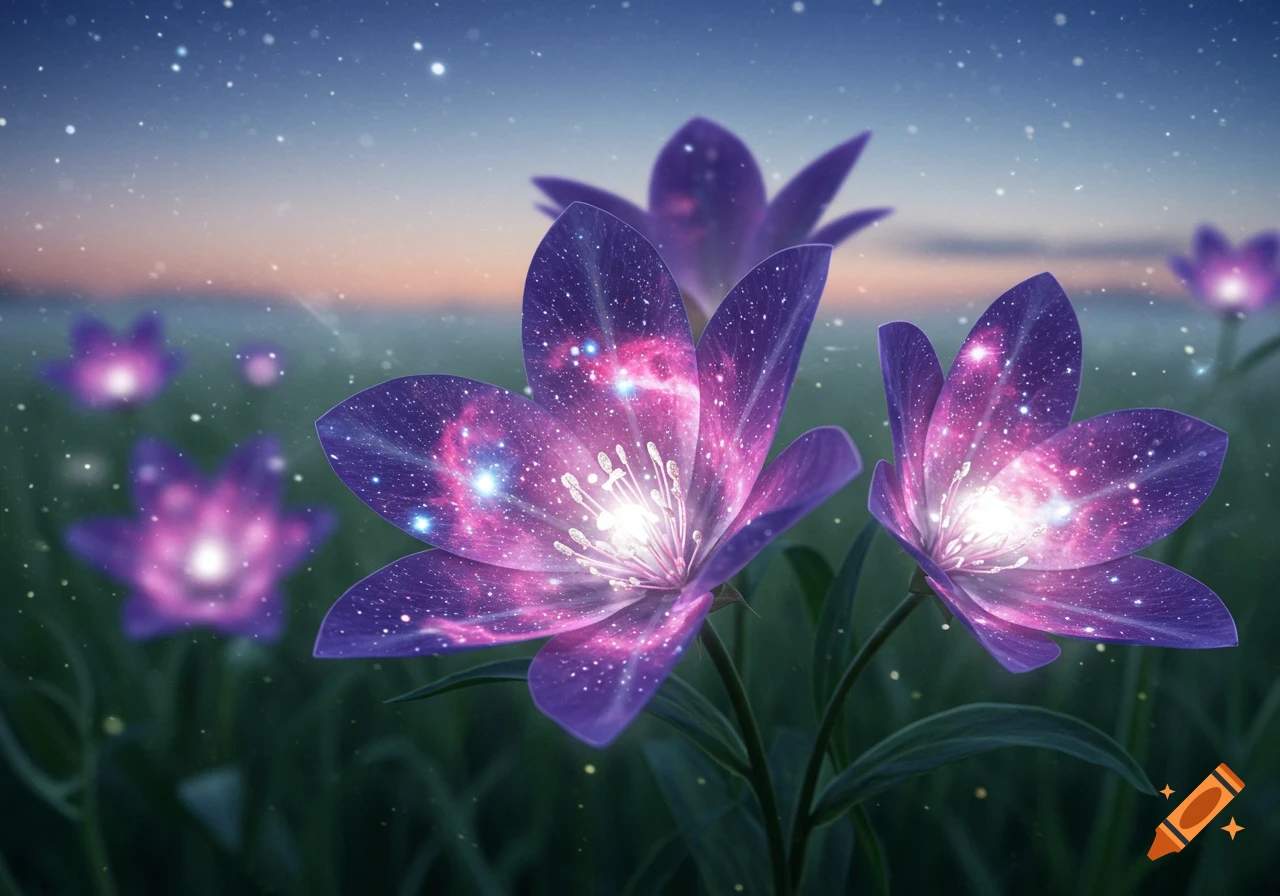 Glowing purple fantasy flowers with galaxies and stars on their petals in a field under a starry night sky.