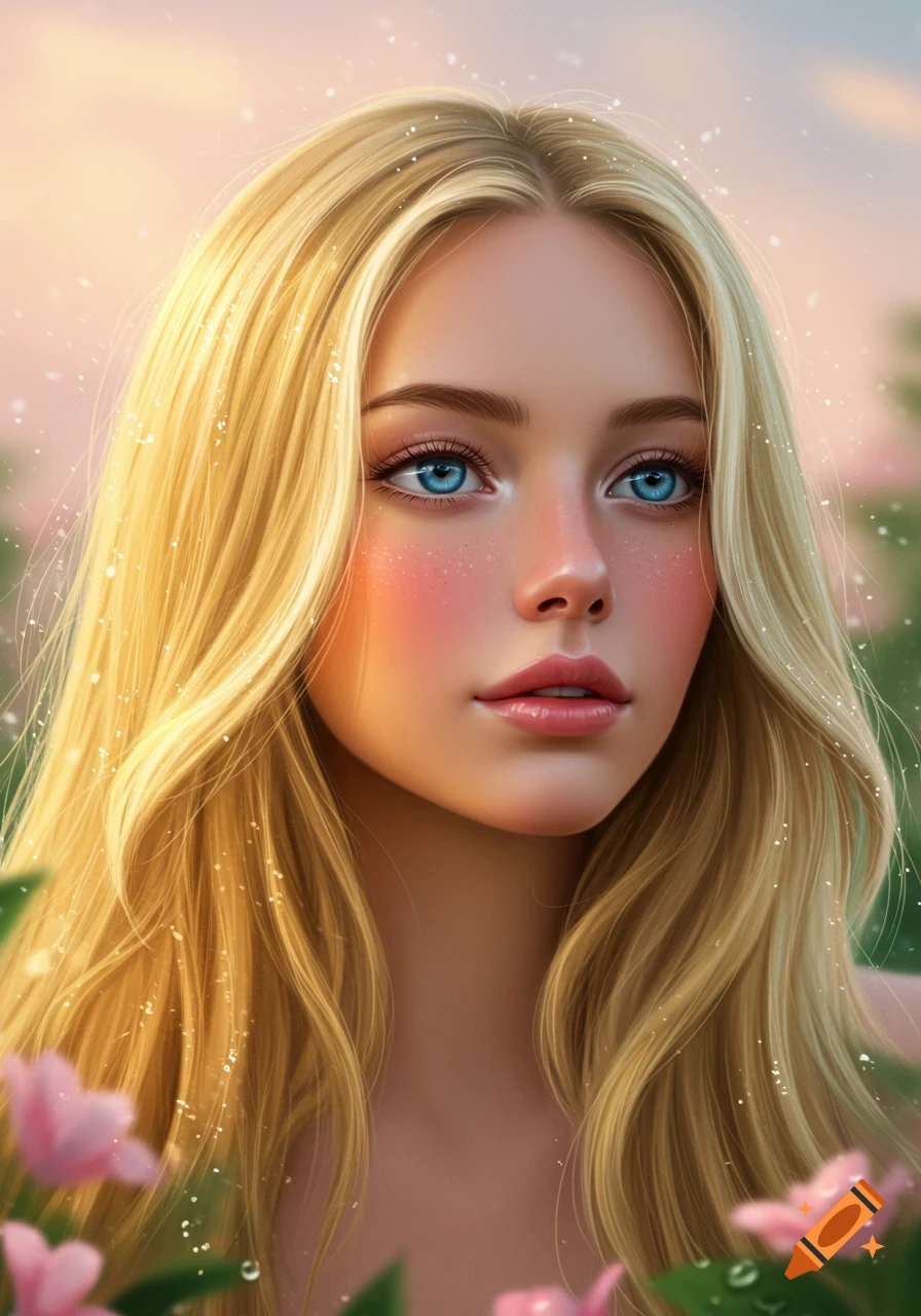 Digital portrait of a blonde girl with blue eyes and glowing skin, amidst soft pink flowers and sparkling light.