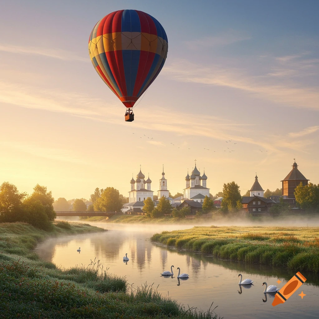 A colorful hot air balloon floats over a misty river with swans and white-domed churches at sunrise.
