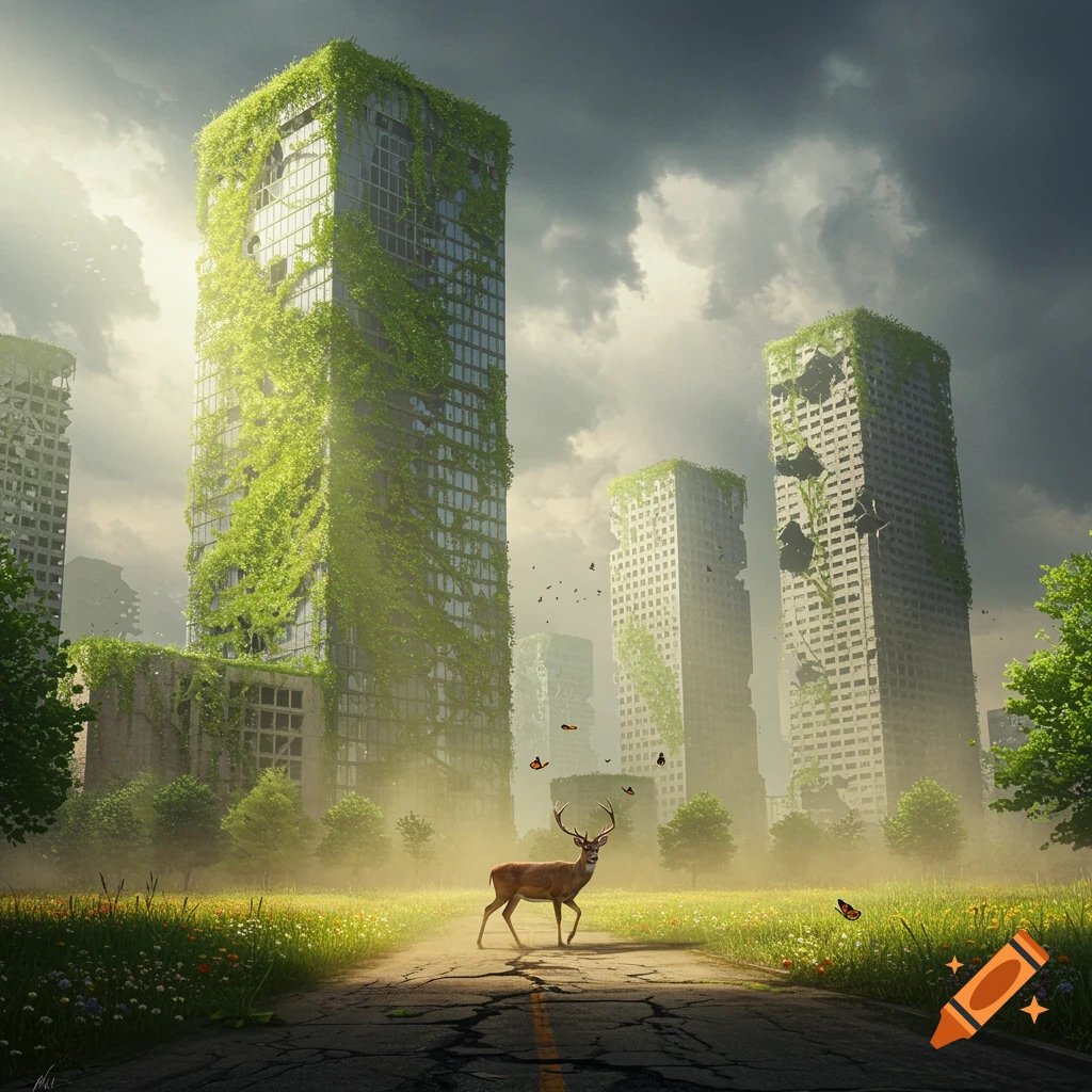 Photorealistic image of a deer on a cracked road in an overgrown, post-apocalyptic city with vine-covered skyscrapers under cloudy skies.