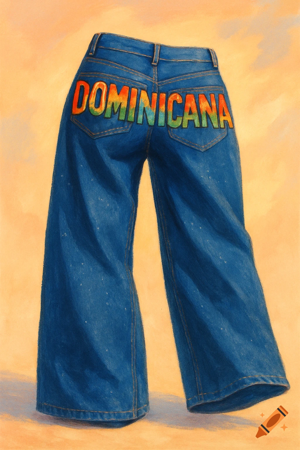 Illustration of wide-leg blue jeans with "DOMINICANA" written in colorful letters across the back pockets on an orange background.