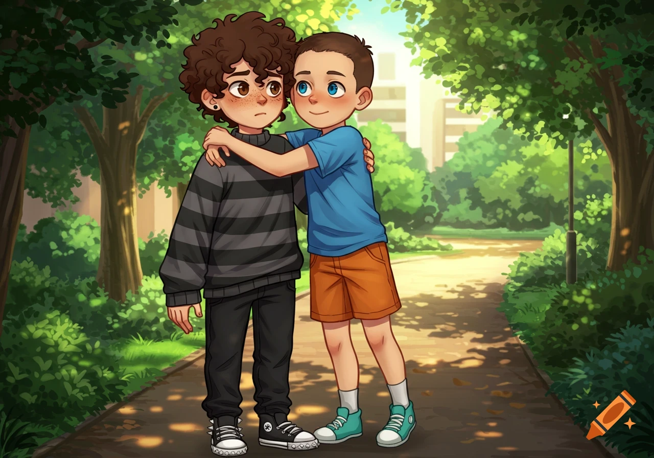 Anime-style illustration of two boys embracing in a sunny park. One has curly hair and a striped sweater, the other short hair and orange shorts.