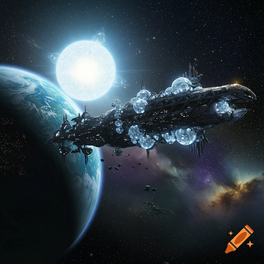 A large, dark starship with glowing blue spherical structures and trellis-like sections orbits a planet, bathed in light from a bright star.