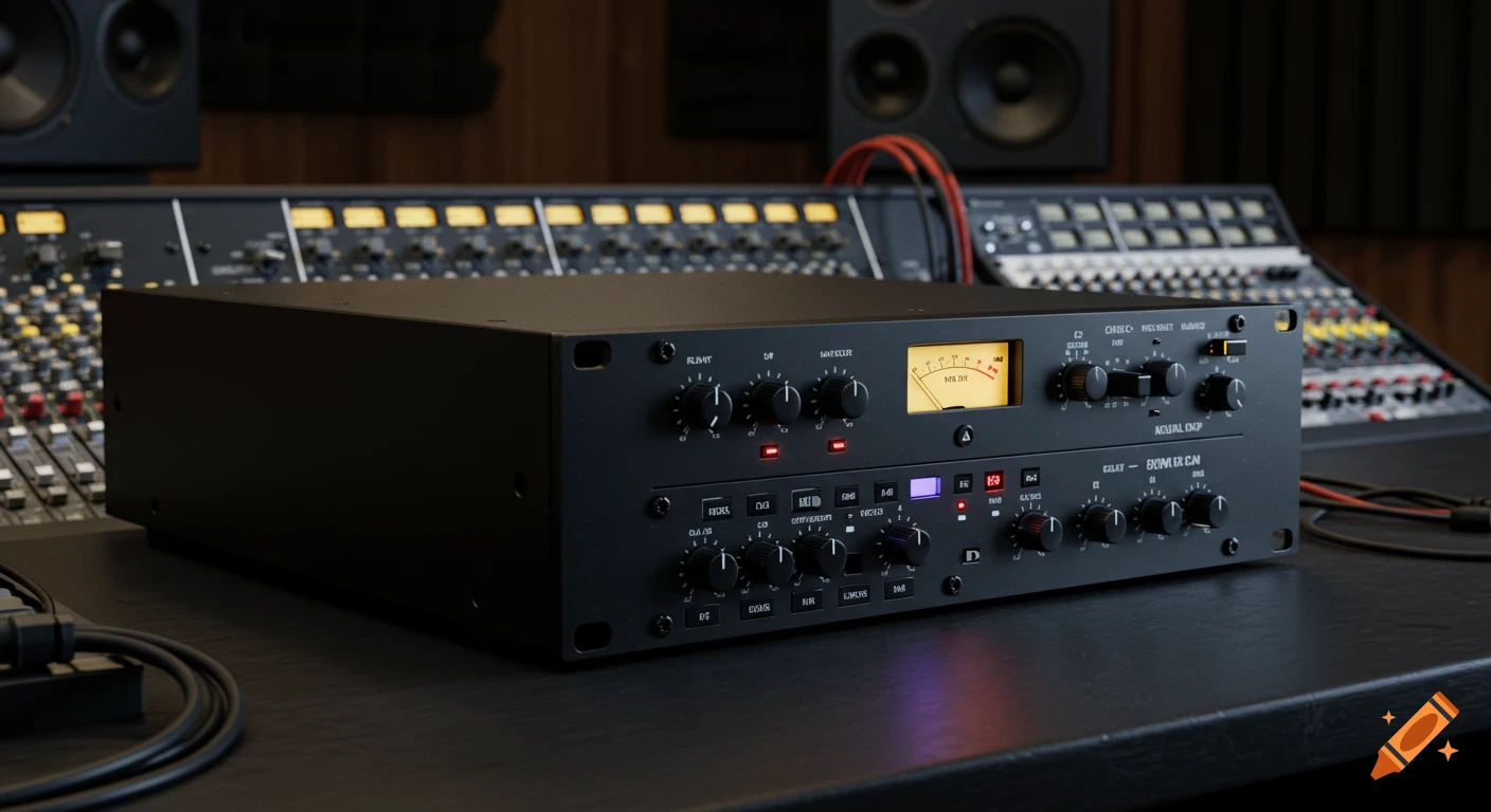 A photorealistic close-up of a black 2U audio rack unit on a desk, with a mixing console and studio monitors in the blurred background.
