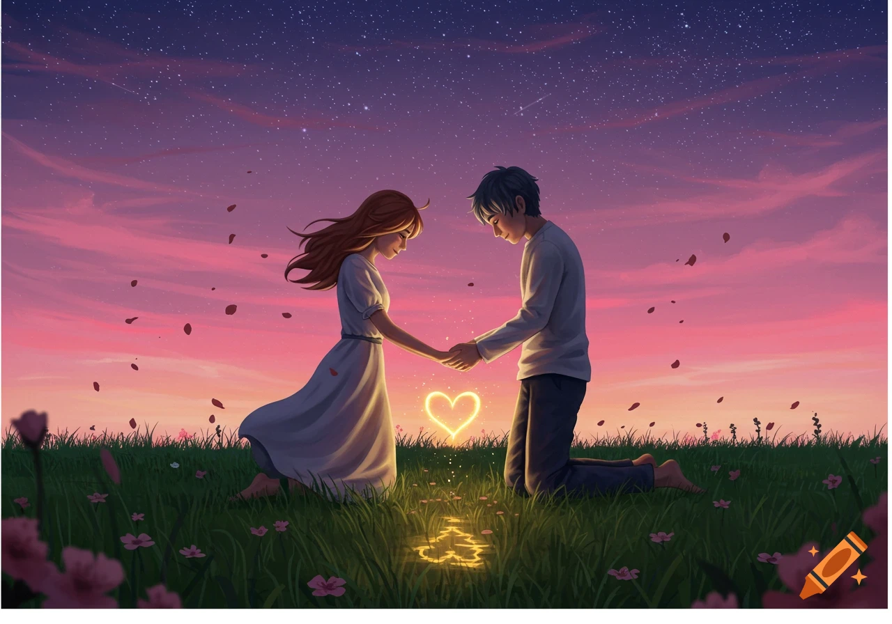 An illustrated fantasy scene of a man kneeling and a woman standing, holding hands over a glowing heart in a flower field at sunset under a starry sky.