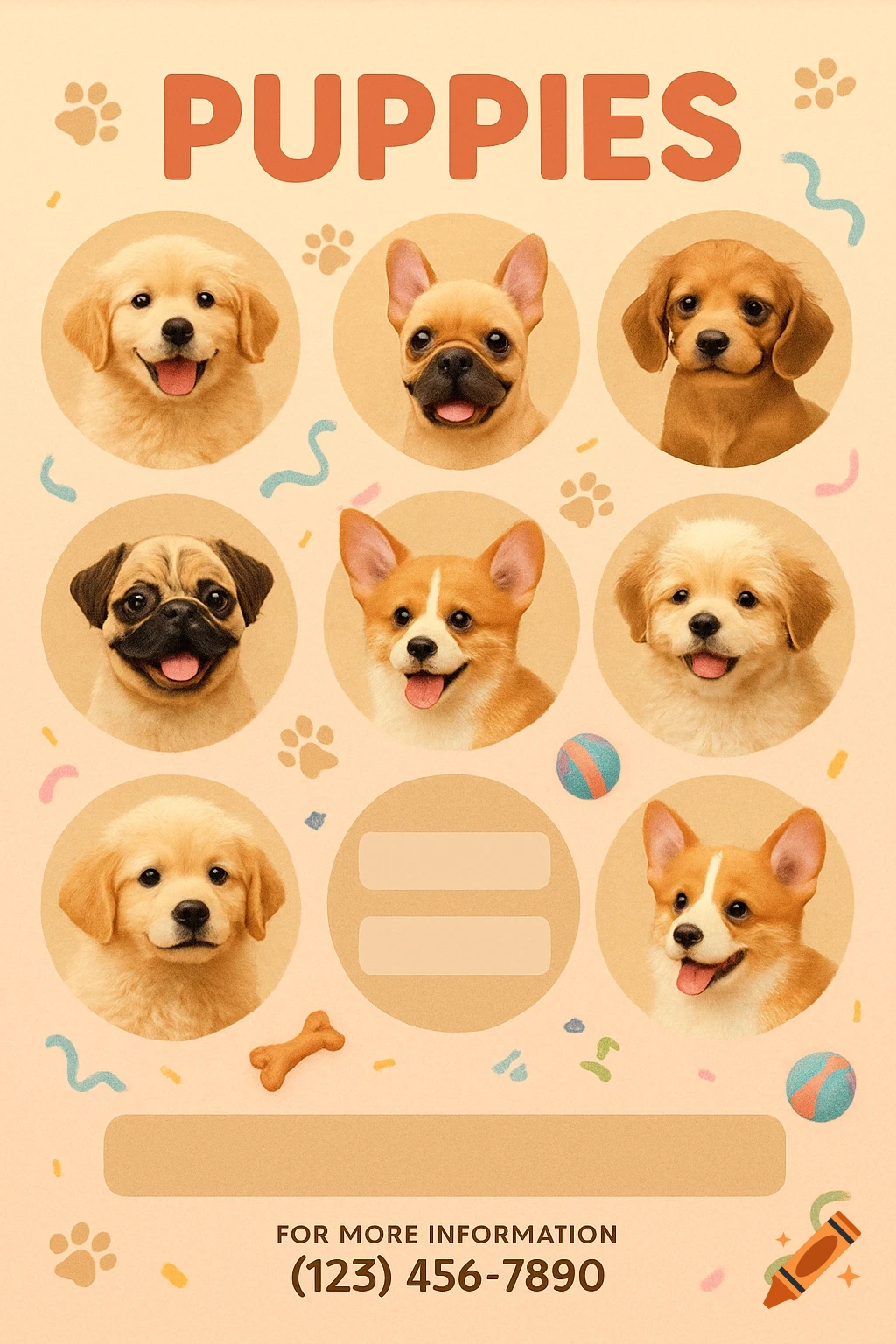 Flyer with eight happy puppy portraits (golden retriever, French bulldog, pug, corgi) on an orange background, titled 'PUPPIES' with contact info.