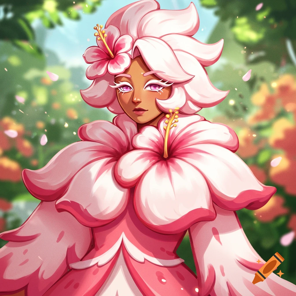 A stylized character with pink petals for hair and clothing, pink eyes, and brown skin, against a blurred nature background.