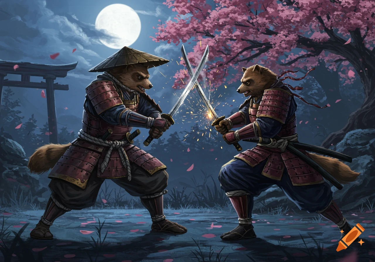 Two anthropomorphic tanuki samurai clash swords under a full moon and cherry blossom tree, with a torii gate in the background.