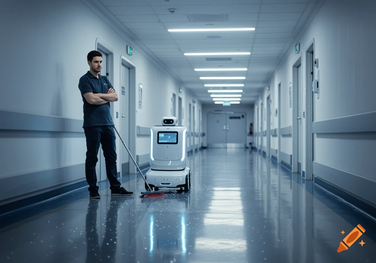 A man watches a cleaning robot sweep a brightly lit hospital corridor.