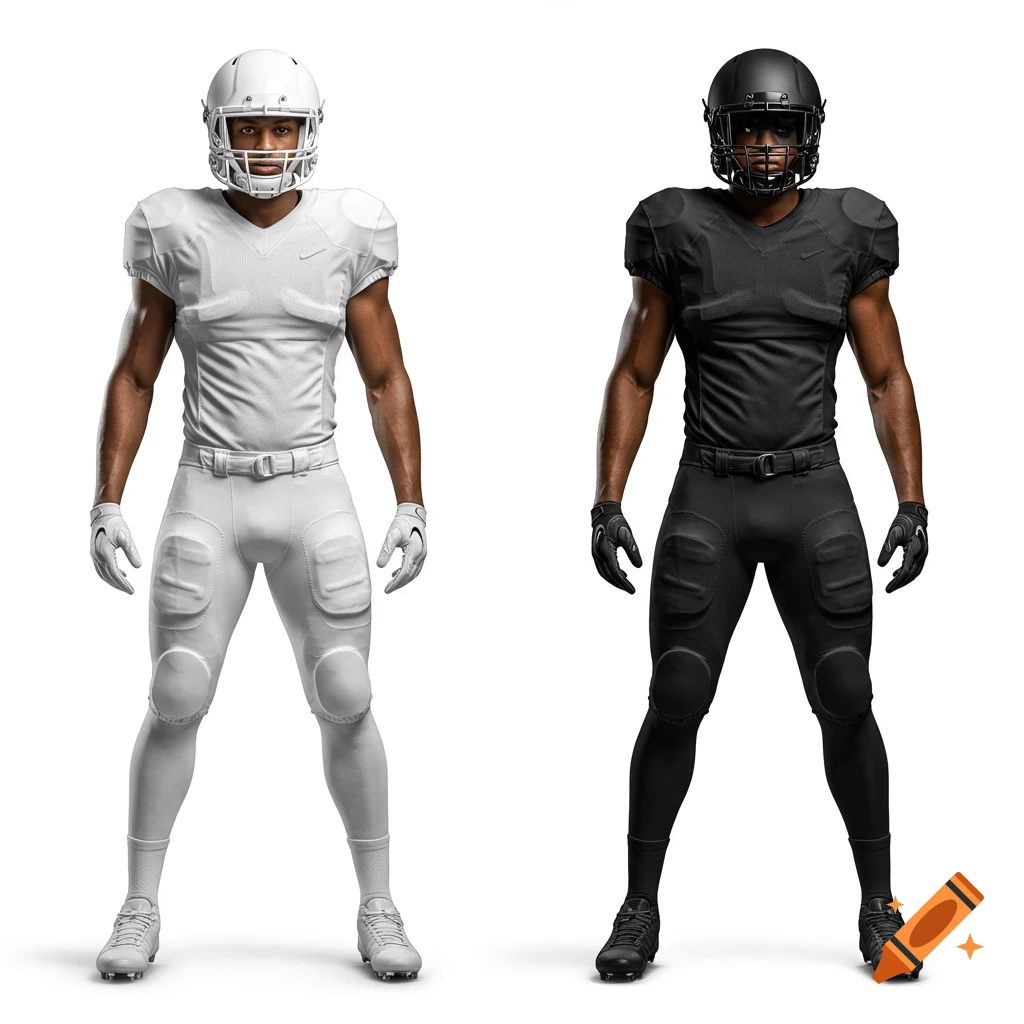 Two photorealistic American football players stand against a white background, one in all-white uniform and one in all-black.
