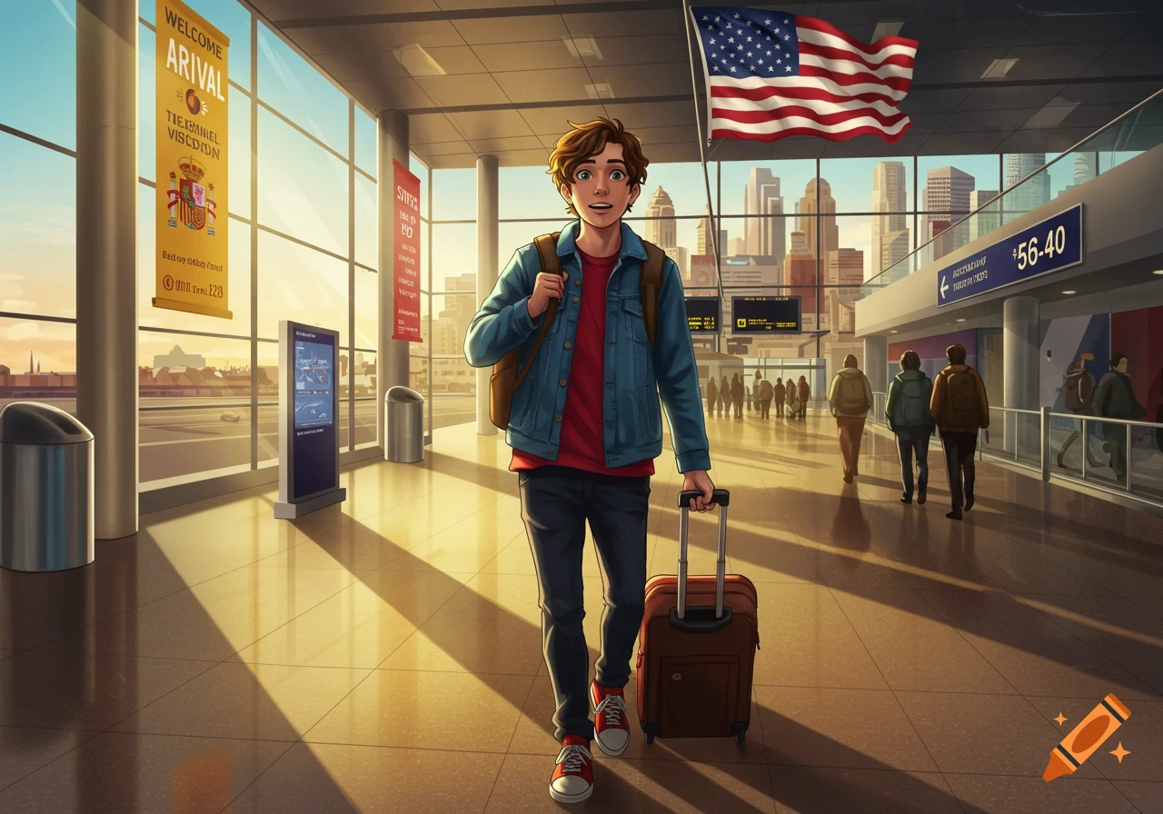 An illustration of a young male exchange student with a backpack and rolling suitcase, looking surprised and happy, walking through a brightly lit airport terminal with large windows overlooking a city skyline. An American flag hangs from the ceiling, and a Spanish flag is on a banner.