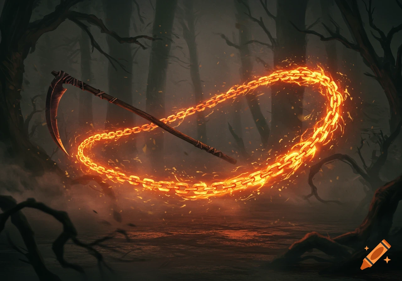 A scythe with a fiery chain swung through a dark, hazy forest.