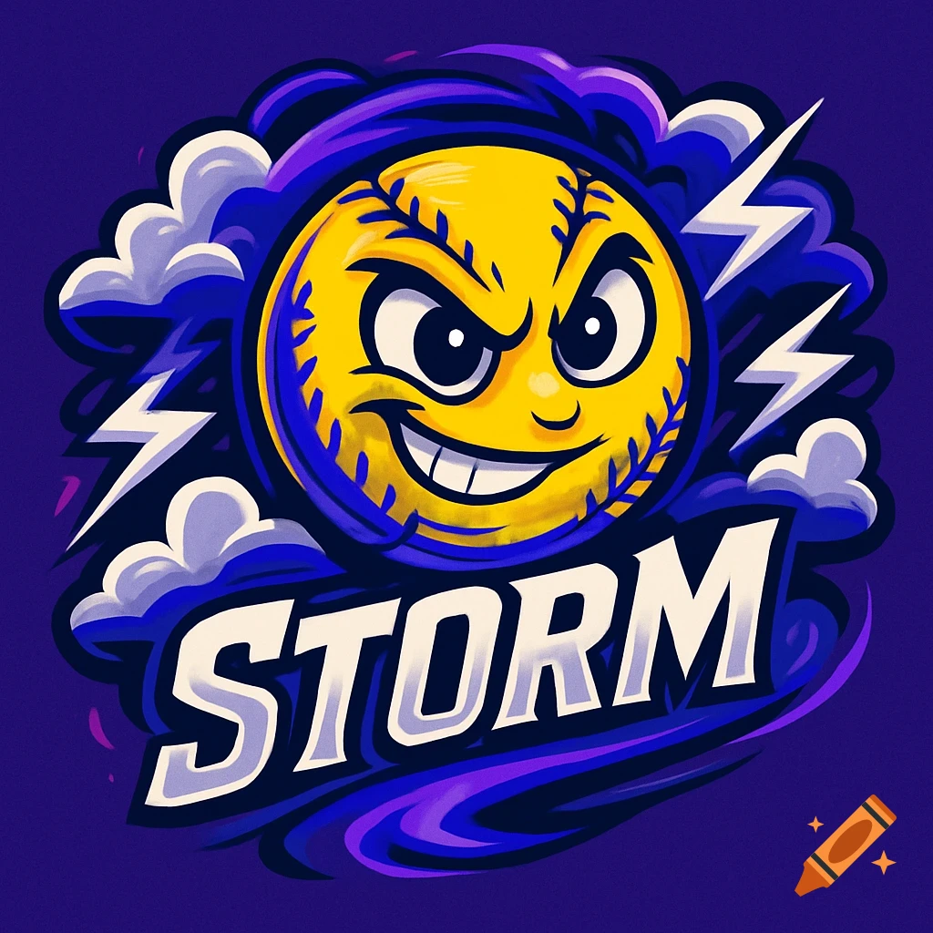 Cartoon logo featuring an angry yellow baseball surrounded by purple storm clouds and lightning bolts, with the word 'STORM' below.