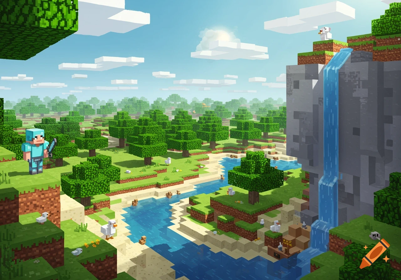 A vibrant Minecraft landscape with a player, trees, river, waterfall, and animals.