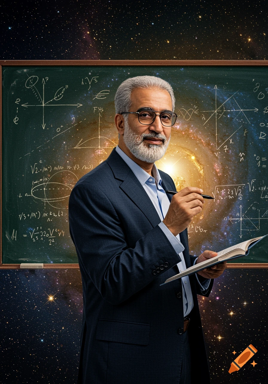 Photorealistic image of a professor with a beard and glasses holding a pen and book, standing in front of a blackboard filled with equations and a cosmic background.