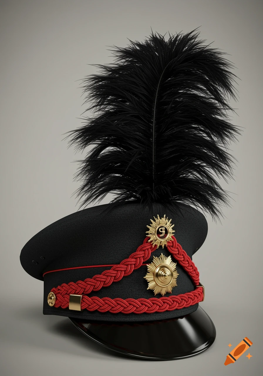 A photorealistic black military-style peaked cap with a tall black feather plume, red braiding, gold insignia with a number 9, and a glossy black visor.