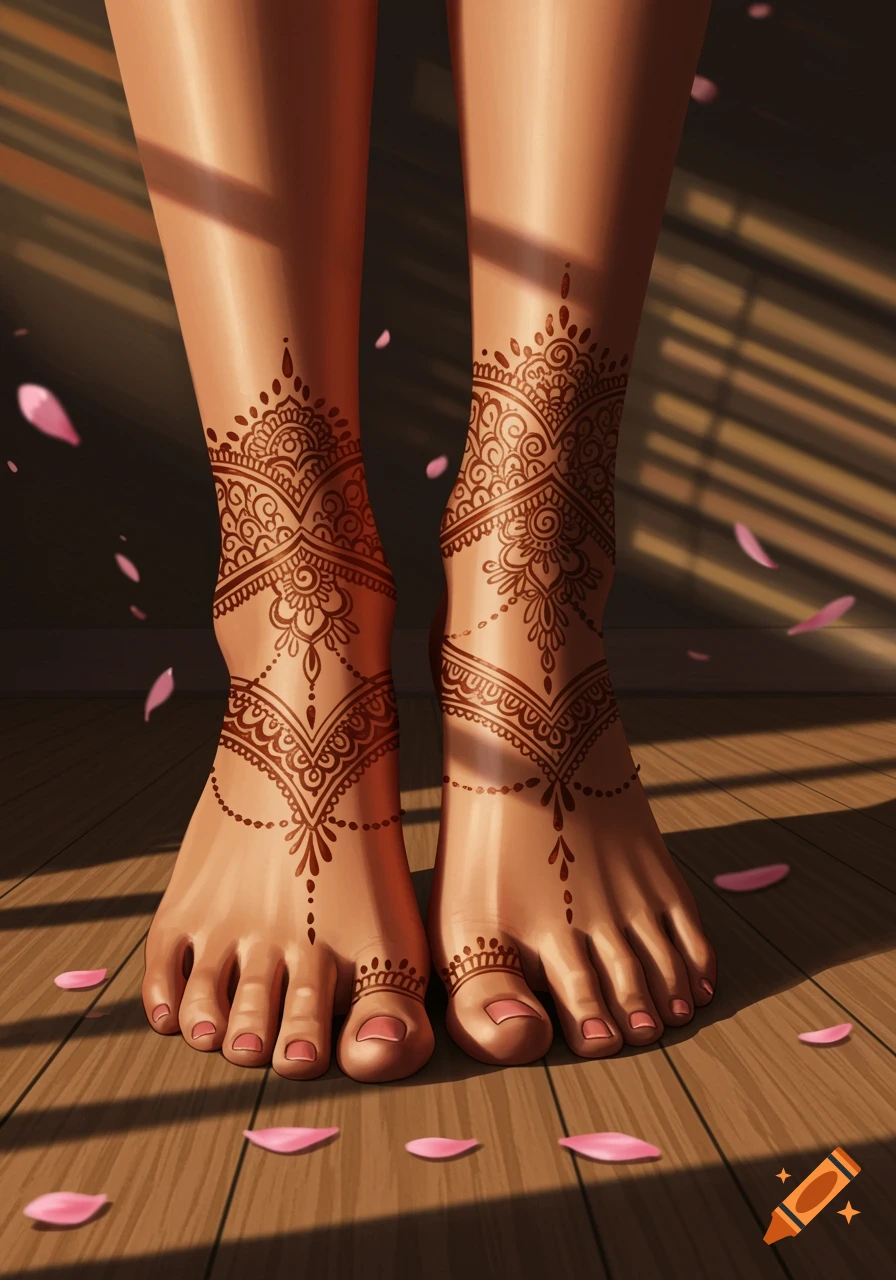 Close-up of feet with intricate brown henna tattoos standing on a wooden floor, with pink petals and striped sunlight.