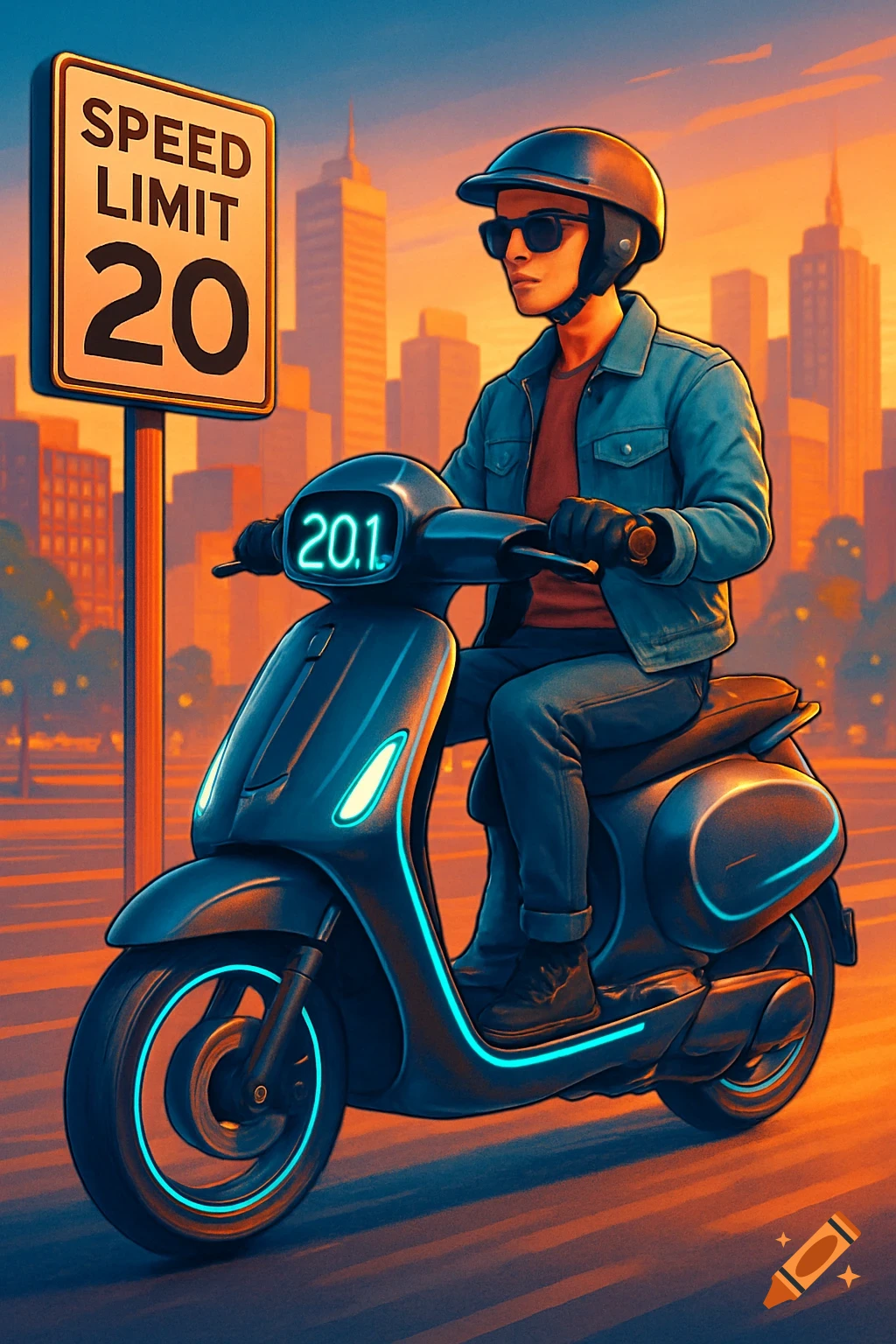 A stylized illustration of a person riding a scooter on a city street, with a 'SPEED LIMIT 20' sign nearby, against an orange sky.