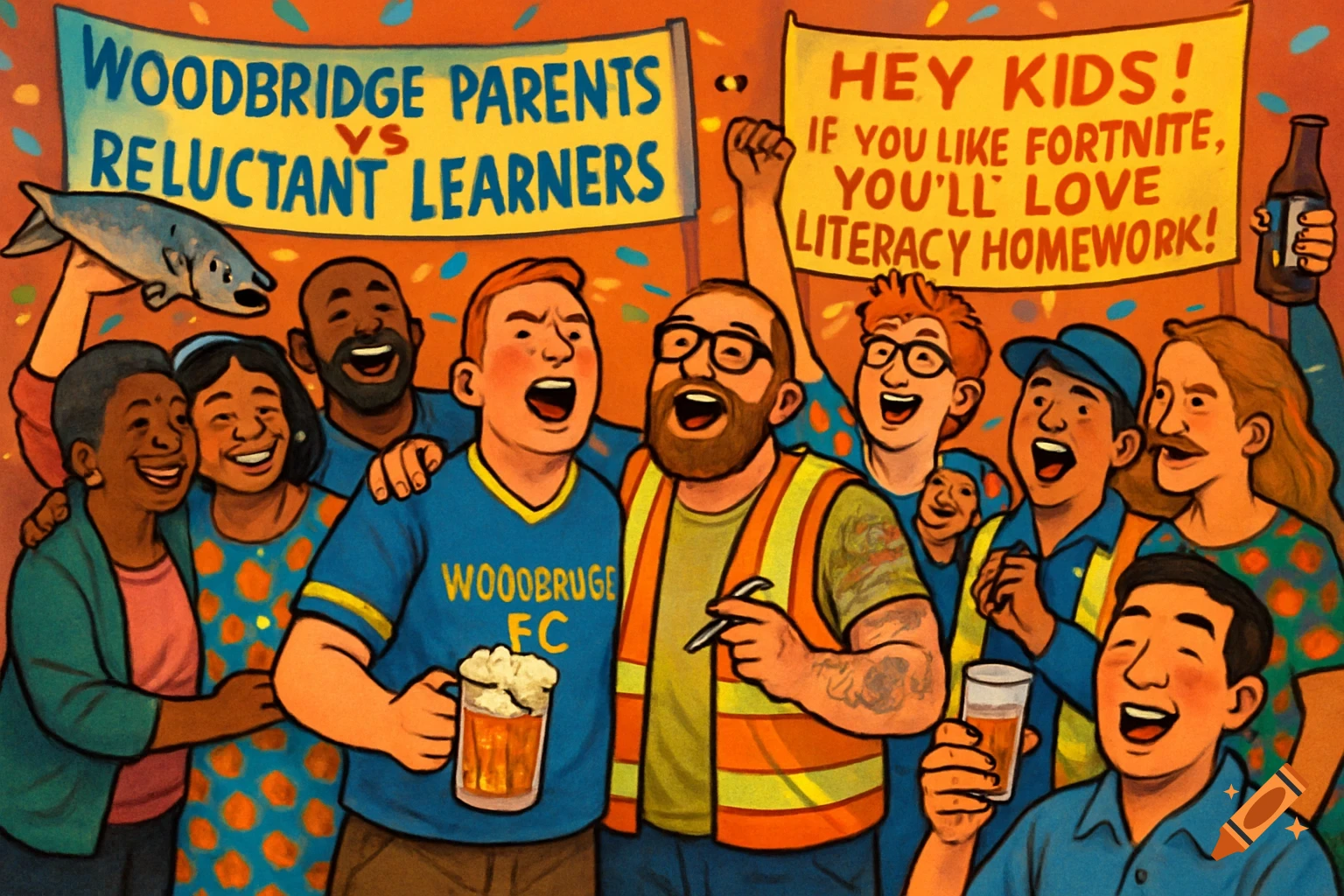 A vibrant cartoon illustration of a diverse group of adults celebrating boisterously under two banners. One banner reads "WOODBRIDGE PARENTS vs RELUCTANT LEARNERS" and the other "HEY KIDS! IF YOU LIKE FORTNITE, YOU'LL LOVE LITERACY HOMEWORK!". People hold drinks and a fish, smiling and cheering.