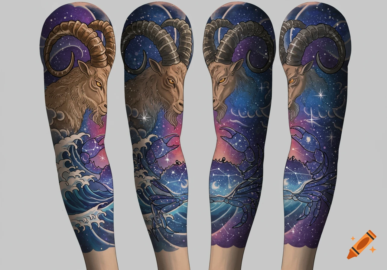 Colorful tattoo arm sleeve featuring Capricorn and Cancer zodiac signs with cosmic background and waves.