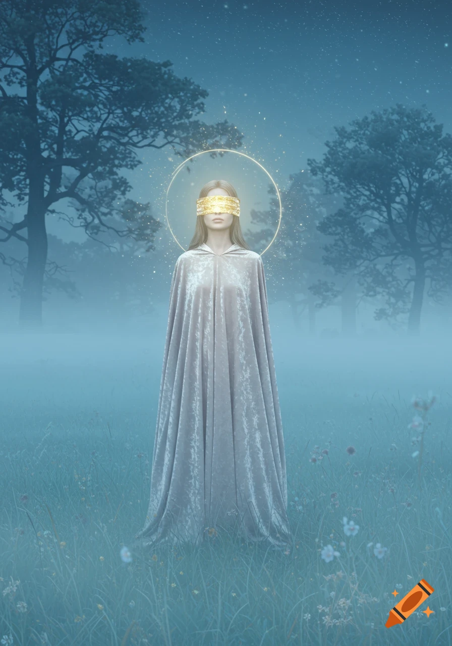 A woman with a golden blindfold and a glowing halo stands in a misty, dark forest at night.