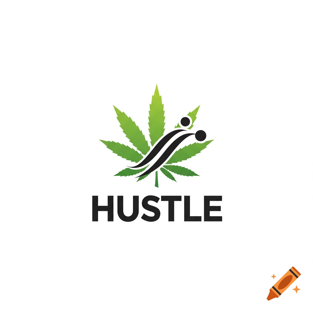 A logo featuring a green cannabis leaf with a black abstract wavy design resembling a person, and the word "HUSTLE" below it.