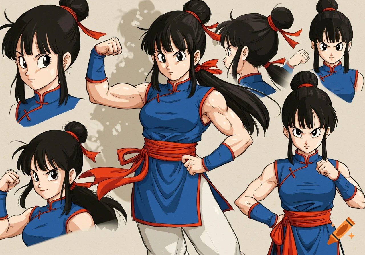 Chi-Chi from Dragon Ball Z, in an anime model sheet showing her flexing her muscular arms and in various poses.