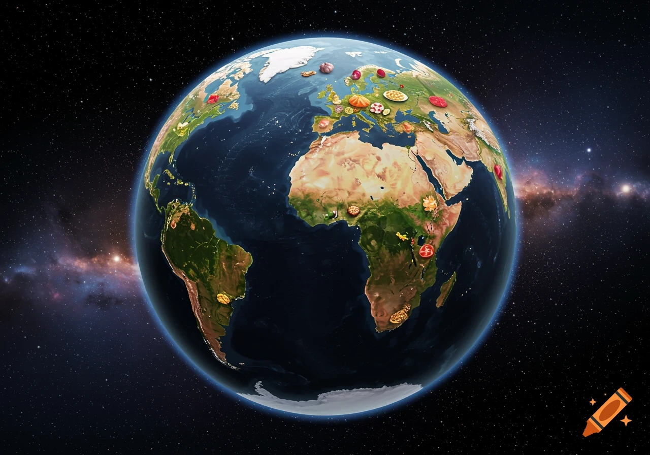 Detailed globe of Earth from space with various food items placed on continents, against a starry background.