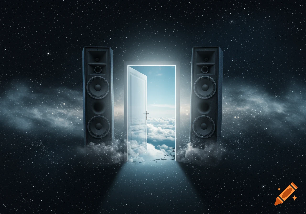 Two large speakers flank an open glowing door leading to a cloudy sky, set against a dark, starry space.