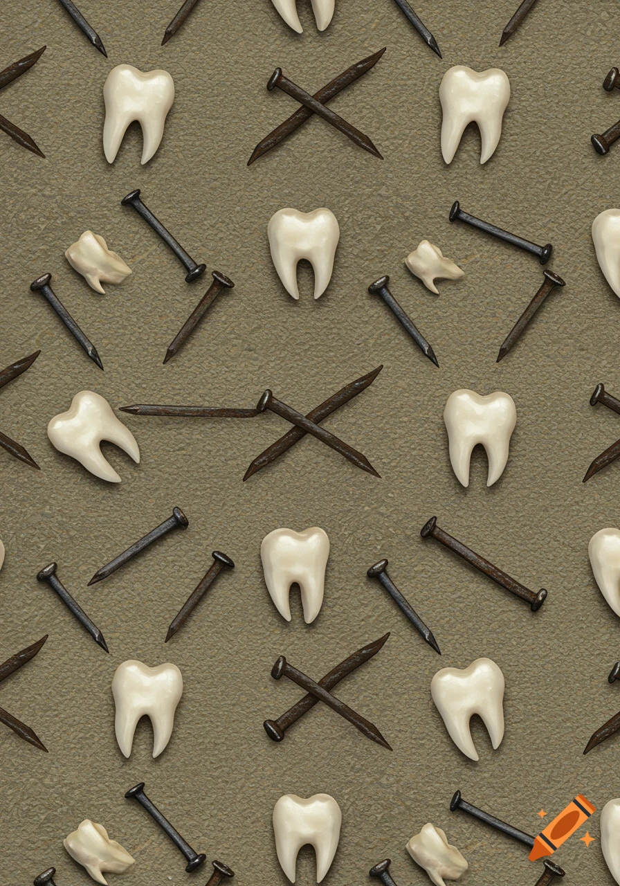 Repeating pattern of white human teeth and brown iron nails scattered on a textured tan background.