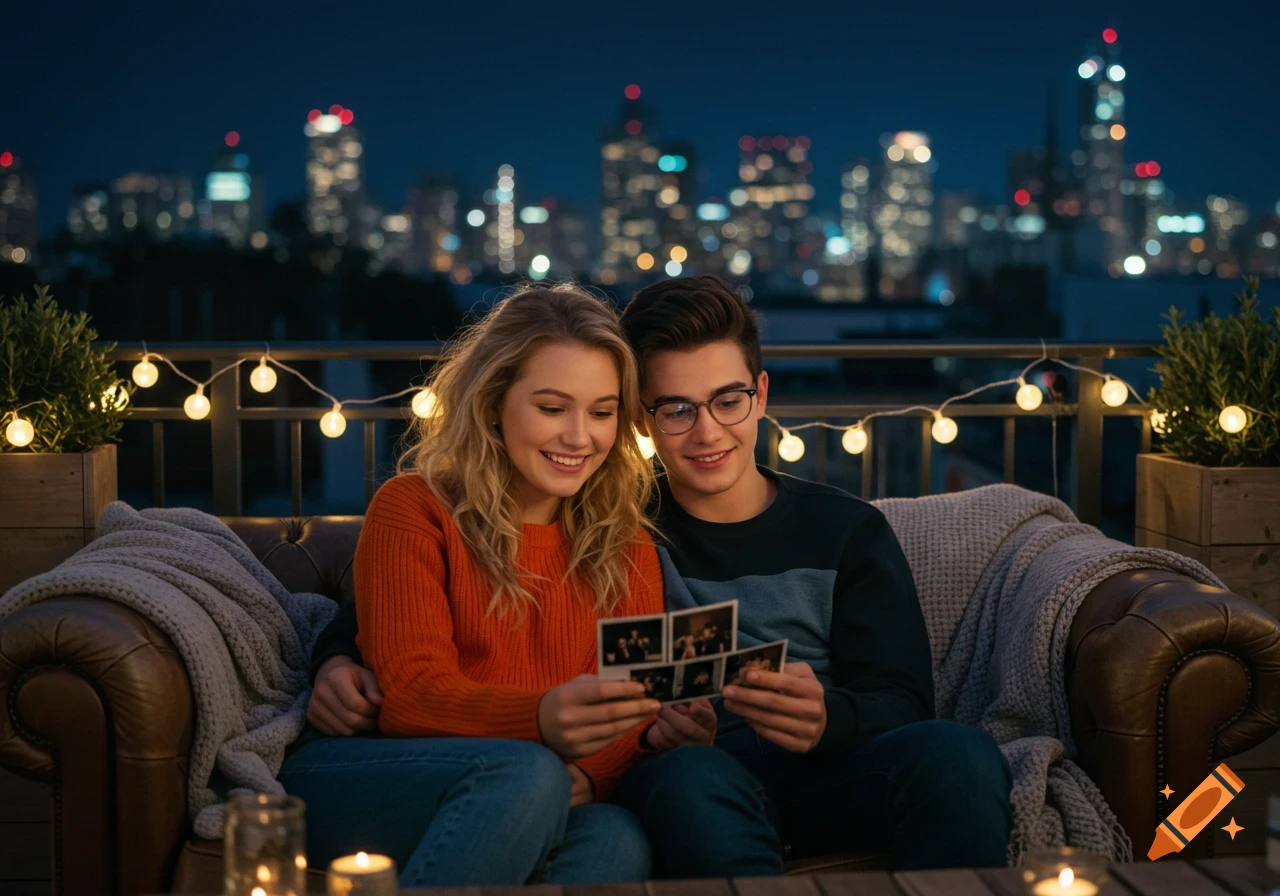 A teenage couple sits on a rooftop balcony at night, looking at photos with a city skyline in the background.
