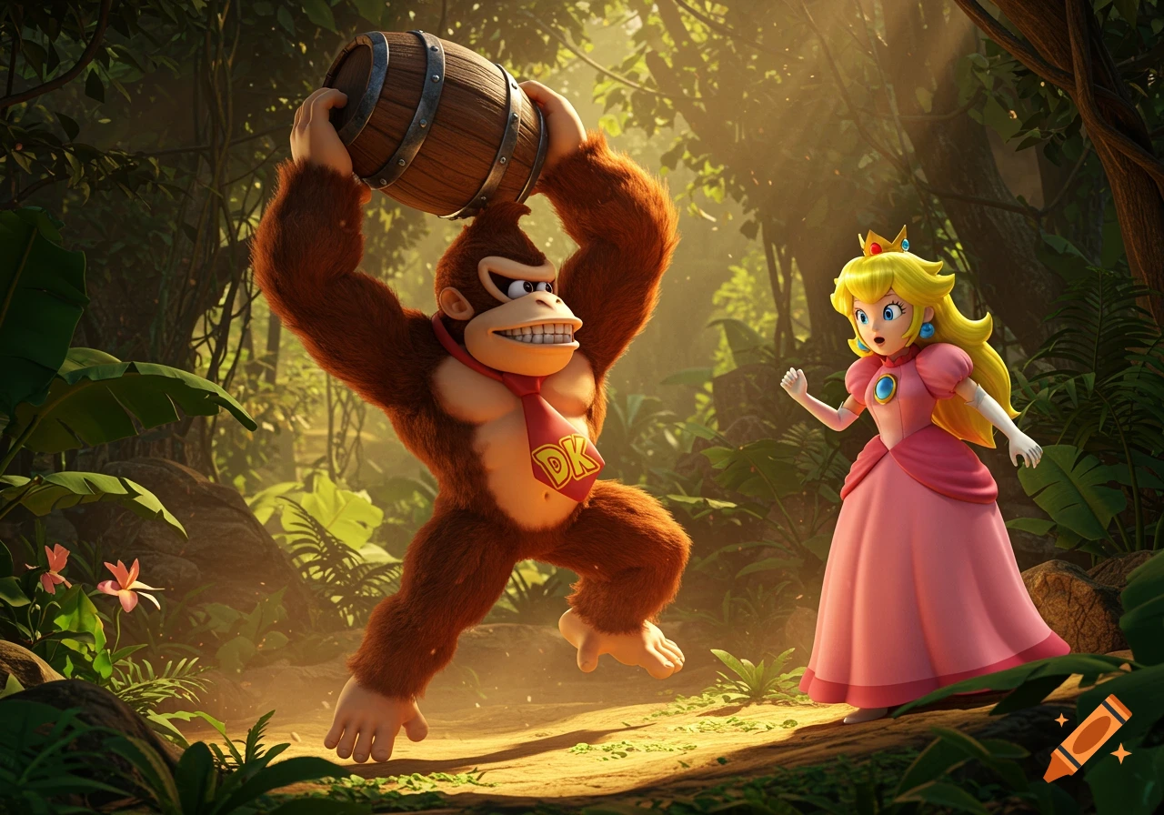 Donkey Kong holding a wooden barrel over his head in a jungle while a surprised Princess Peach looks on. Hyper-realistic cartoon style.