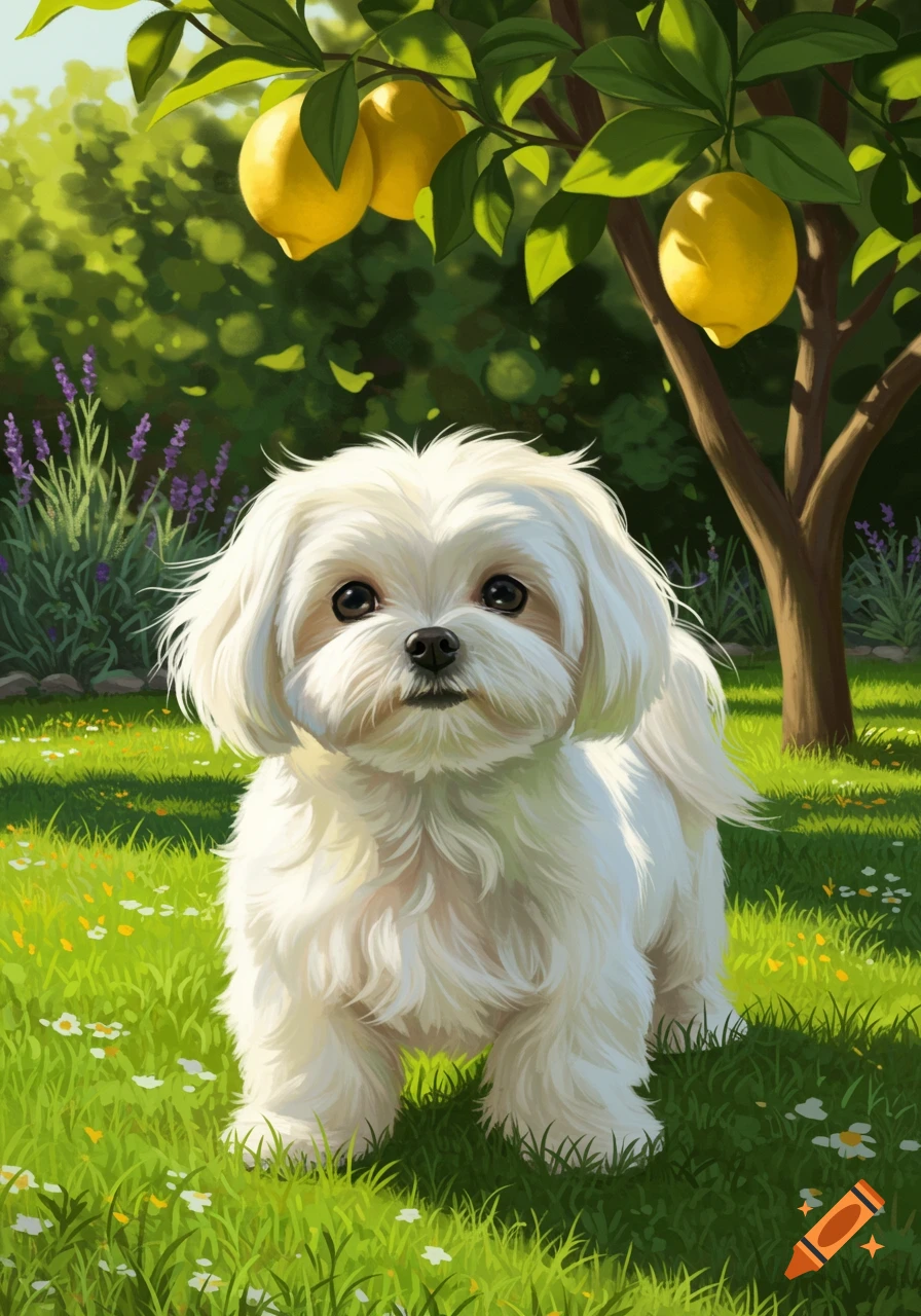 A fluffy white Maltese puppy stands in a vibrant green garden with yellow lemons on a tree overhead, digital painting.