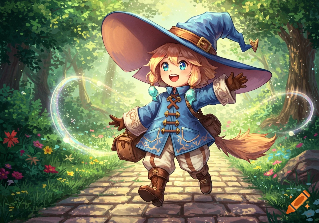 A cute anime-style chibi witch in a blue hat and coat walks on a stone path through a bright, green forest with sparkling magic.