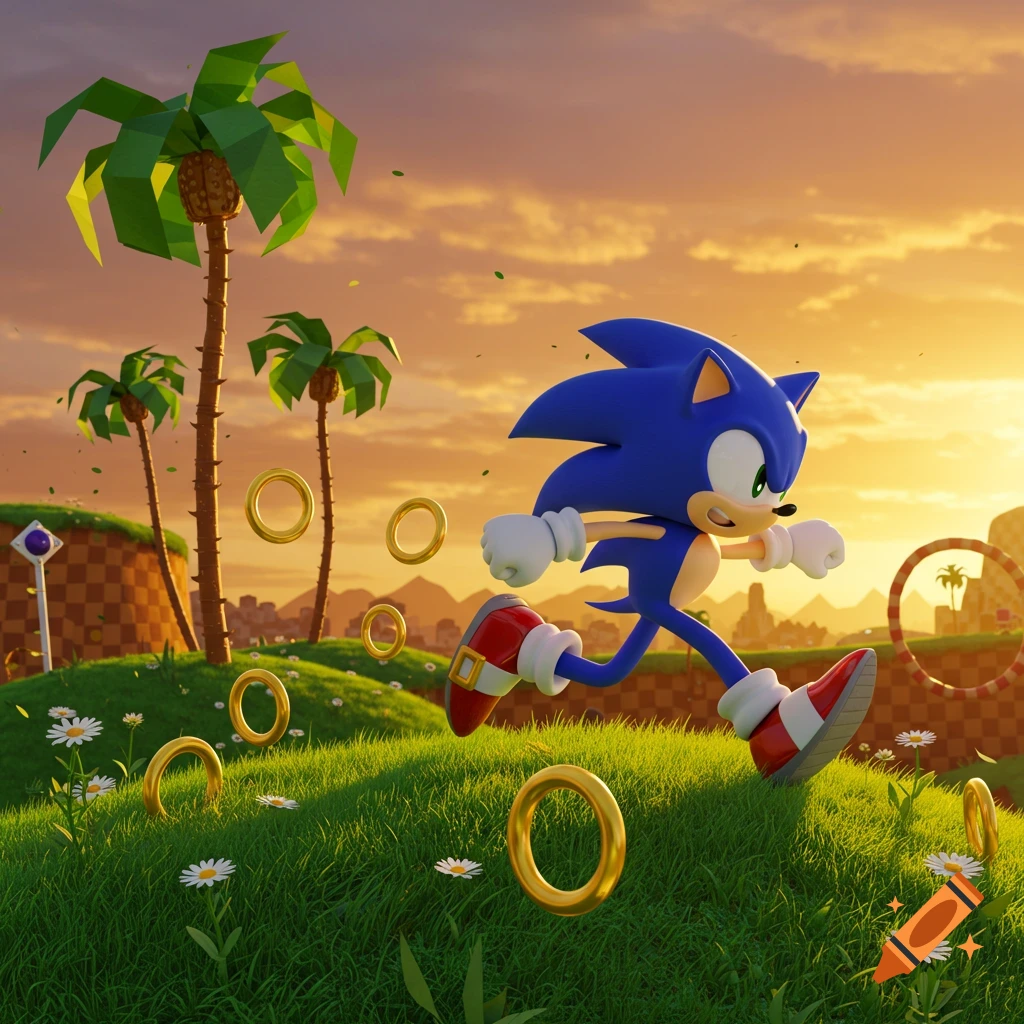 Sonic the Hedgehog runs through a grassy landscape with palm trees and golden rings at sunset, in a 3D rendered style.