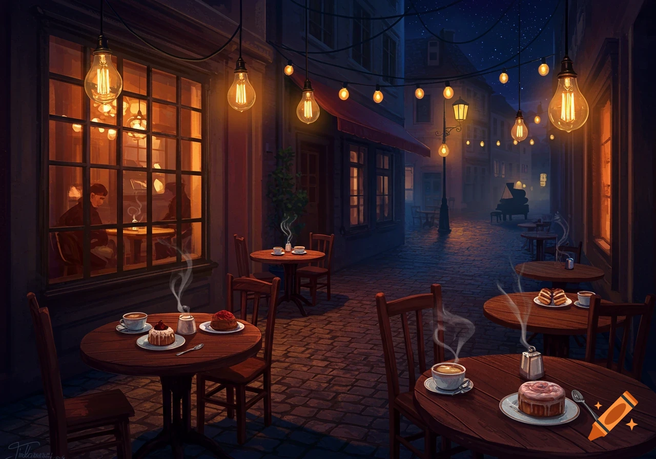 Charming outdoor cafe at night on a cobblestone street, illuminated by string lights, with tables set with coffee and pastries.
