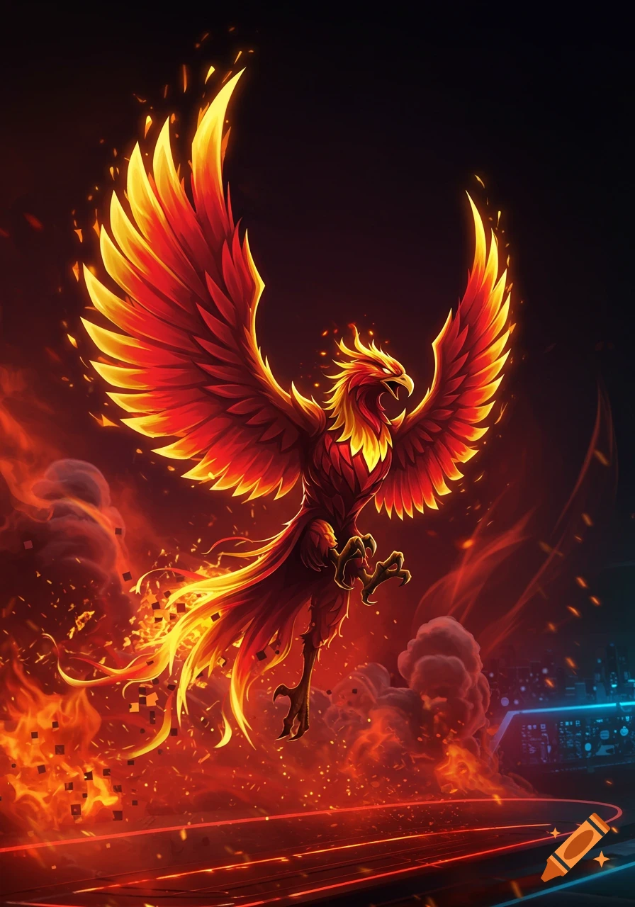 A vibrant, stylized phoenix with fiery red and yellow wings flying above a burning landscape with subtle futuristic elements.