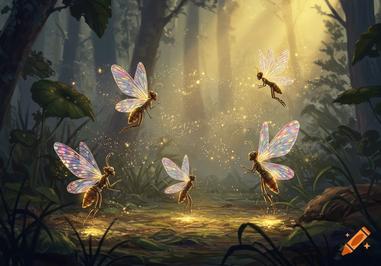 Magical forest scene with several glowing, iridescent-winged insect-like fairies flitting through sunlit trees.