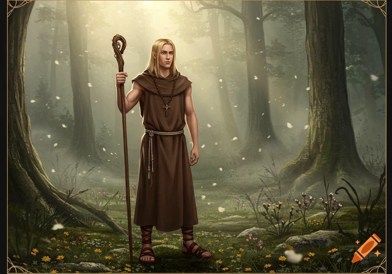 A blonde man in a brown monk's robe holds a staff in a misty, sunlit forest with falling white petals.