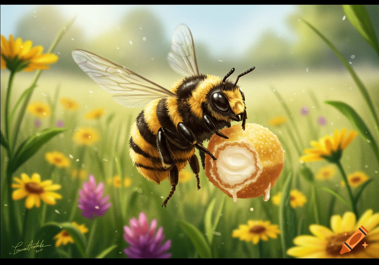 A fluffy bee flies through a sunlit field of yellow and purple flowers, holding a cream-filled golden truffle.