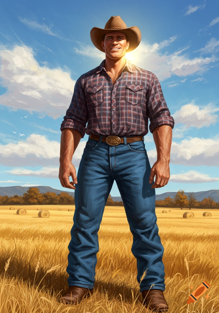 A smiling man in a cowboy hat, plaid shirt, and jeans stands in a golden wheat field under a bright sky, illustrated.