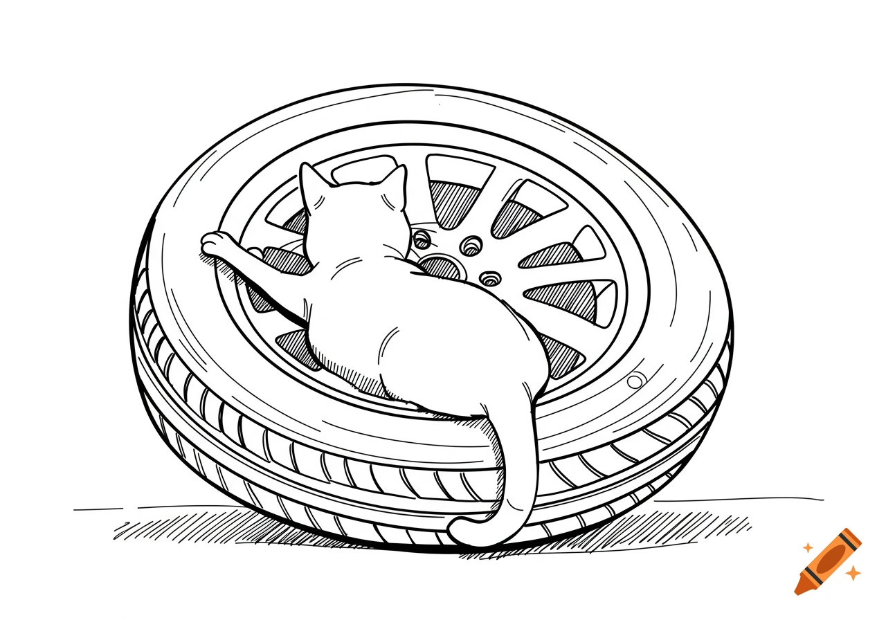 Line art drawing of a cat sleeping on a car tire, seen from behind.