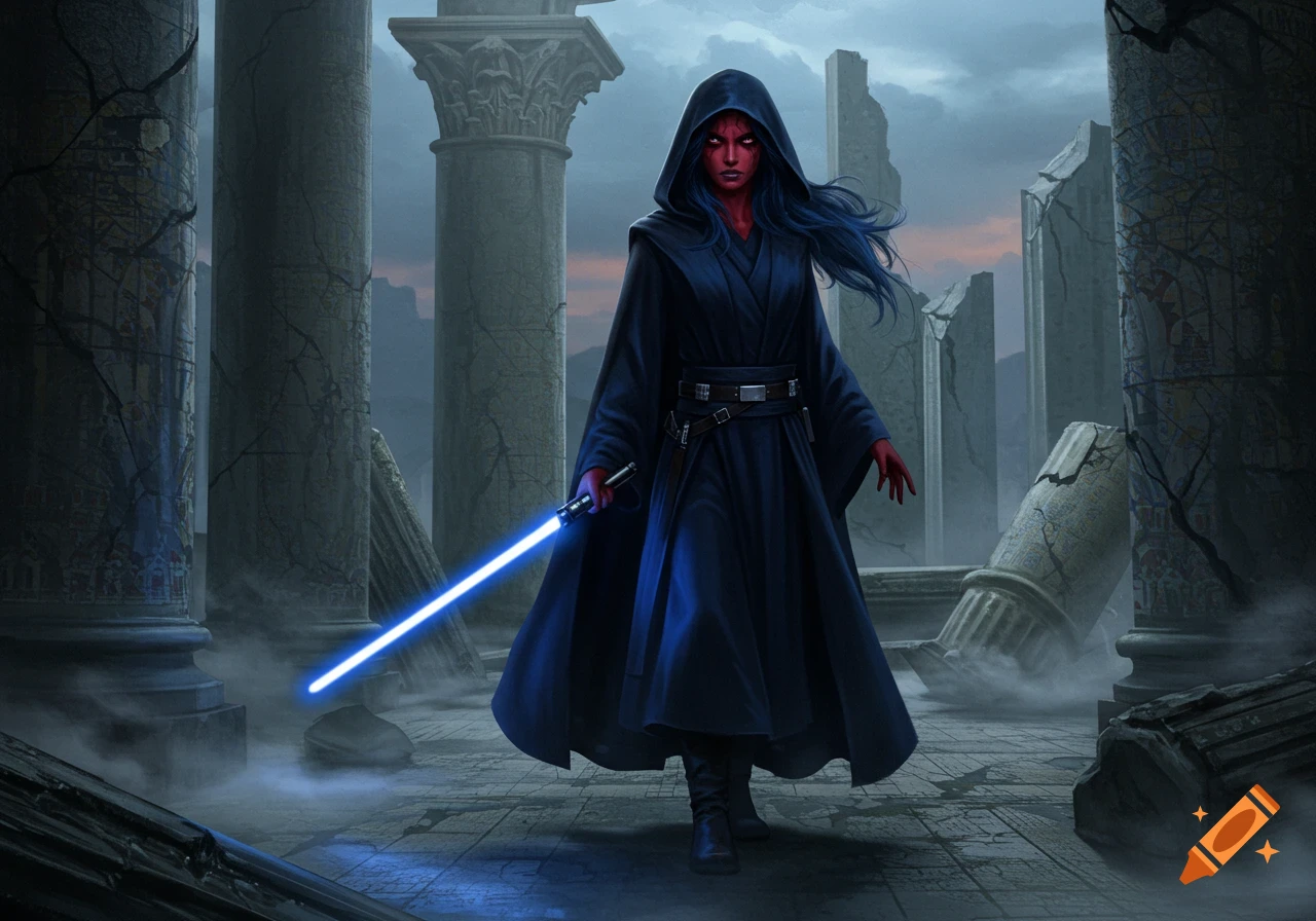 A red-skinned Sith girl in a dark navy hooded robe with blue hair wields a blue lightsaber amidst crumbling temple ruins.
