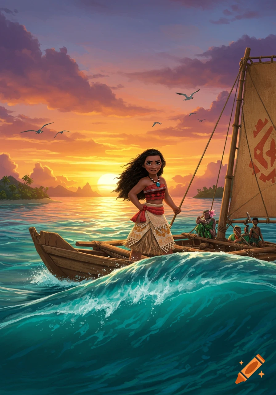 Moana stands on a boat sailing on a vibrant teal ocean at sunset, with other figures in the distance and seagulls flying in the sky.