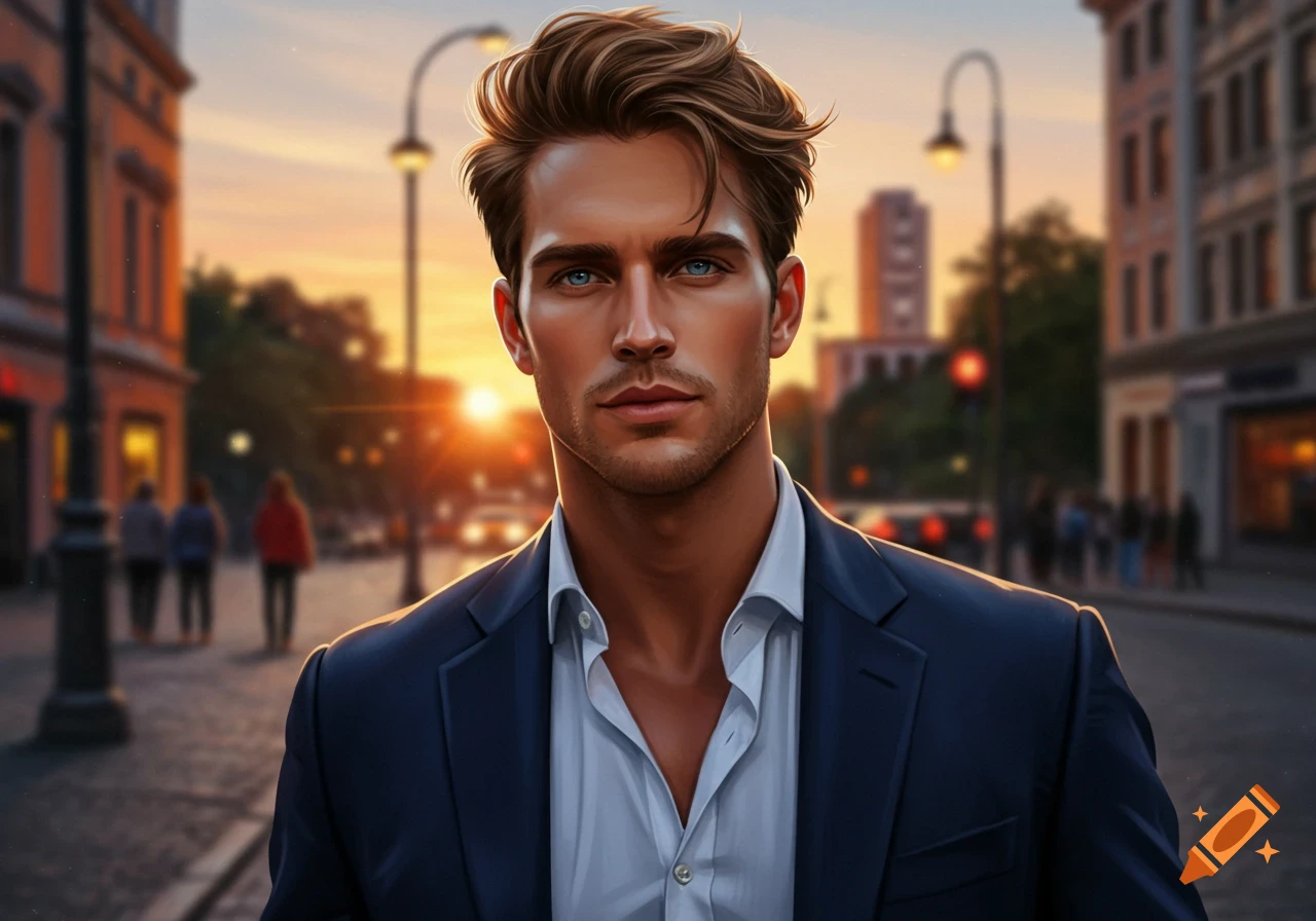 A handsome man in a suit looks forward on a city street at sunset.