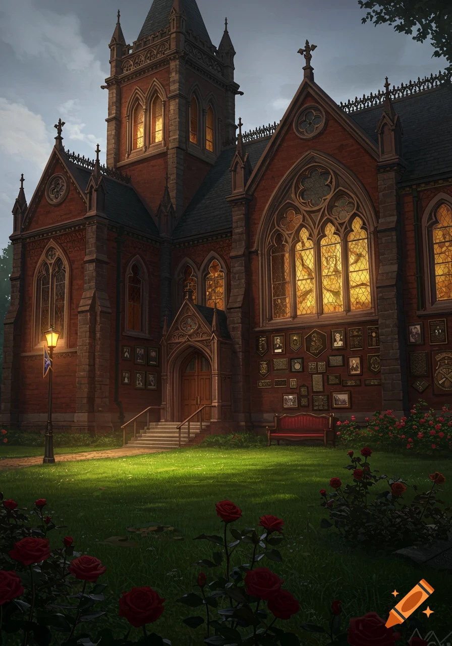 A grand Victorian Gothic red brick building with tall spires and glowing stained-glass windows, surrounded by a lush green lawn and red roses at dusk.