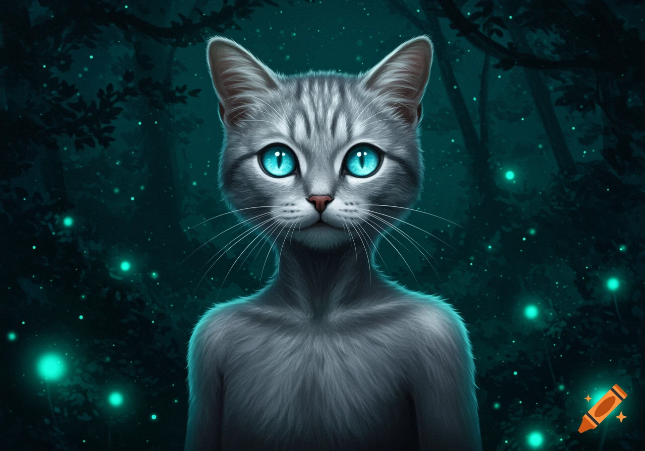 A grey cat-like creature with large blue eyes and a human-like torso stands in a dark, glowing turquoise forest.