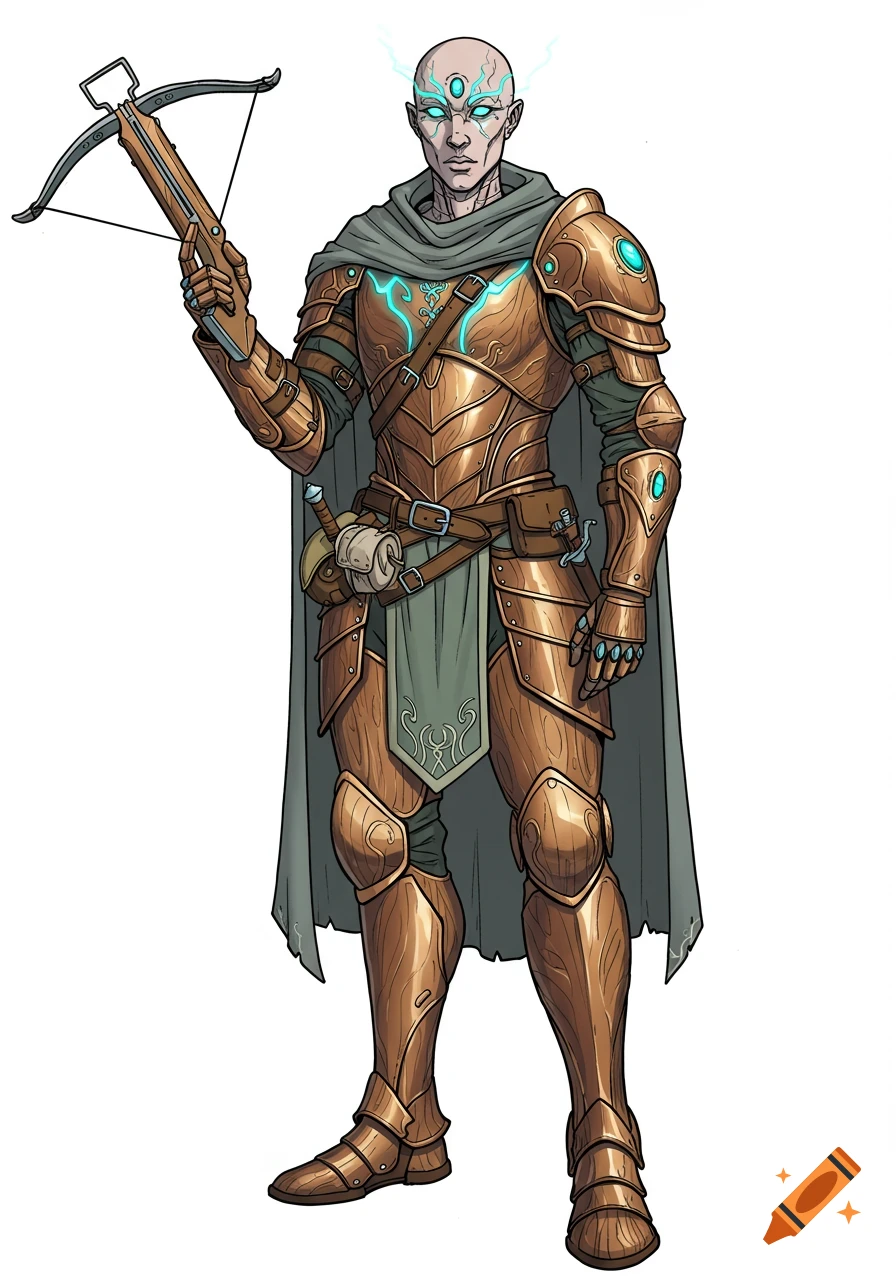 A bald, androgynous fantasy character in bronze armor with glowing teal eyes, holding a crossbow, in a detailed comic book art style.