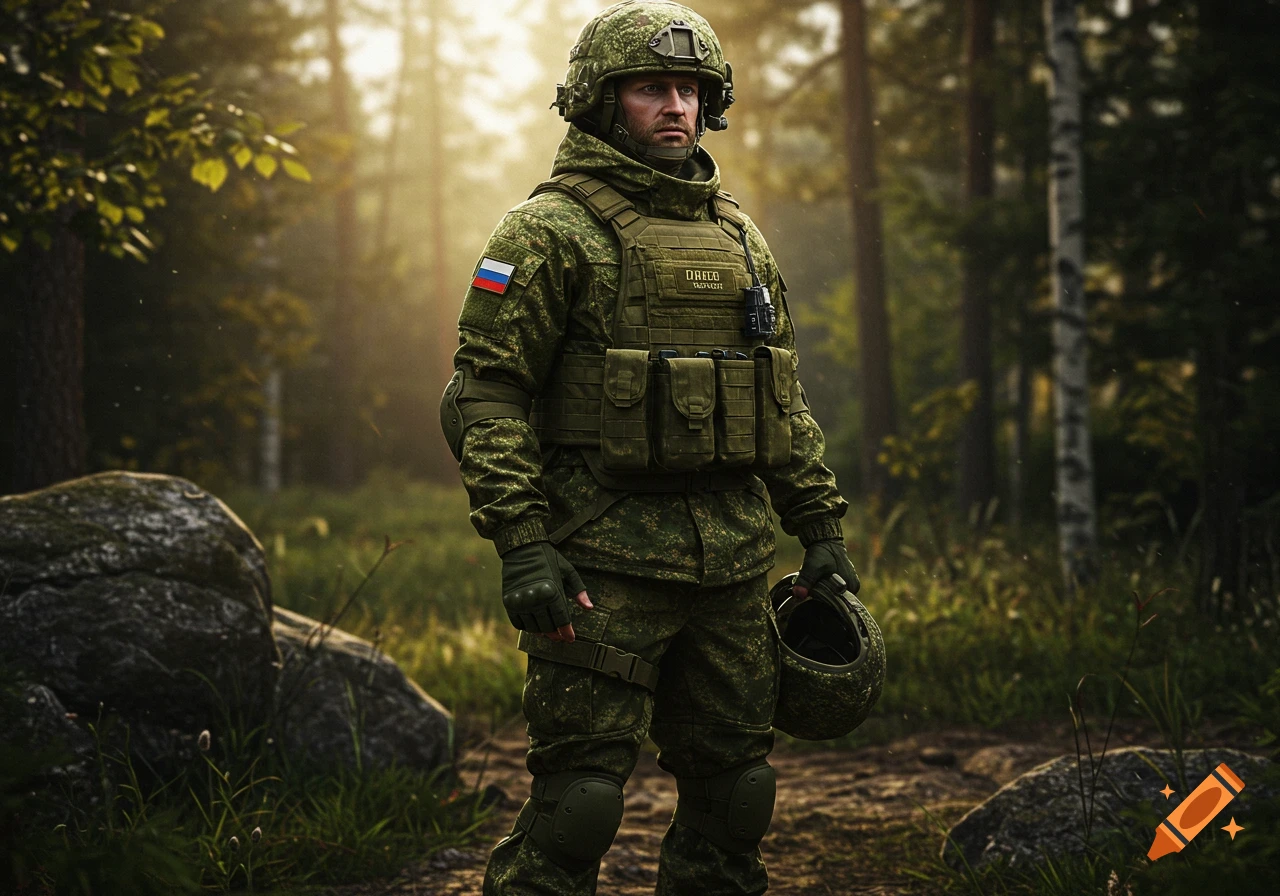 A Russian soldier in camouflage uniform and helmet stands in a sunlit forest, holding a helmet.
