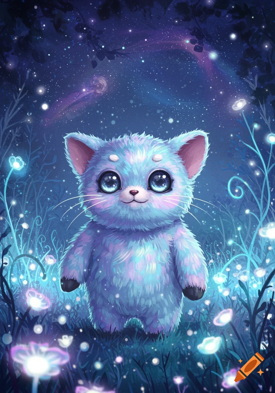 A fluffy, light blue and purple creature with large, glittery blue eyes stands in a dark, magical forest with glowing plants and a starry night sky.